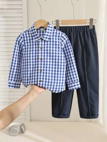 SHEIN Young Boys Preppy Style Classic Plaid Long Sleeve Shirt/Pants Set - Multicolor - View 5