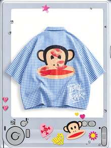ROMWE MEN Paul Frank X ROMWE 男士夏季休閒格子卡通印花襯衫 - 藍色 - 查看 1