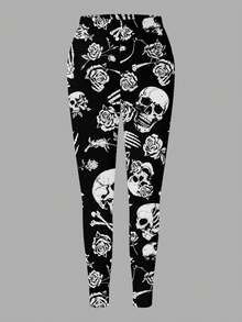 EMERY ROSE 大尺碼女款黑色骷髏玫瑰頭骨印花高腰彈性修身內搭褲，萬聖節服裝派對日常外出哥德風休閒下身褲 - 彩色 - 查看 7