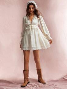 Willow Rêve Women's Cream White Embroidered Trim Deep V-Neck Drawstring Waist Puff Long Sleeve Chiffon Mini Dress Vacation Autumn Cottagecore Romantic - Cream - View 3