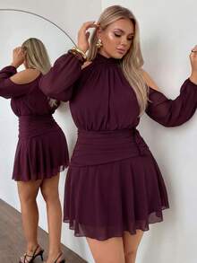 Auralis Plus Size Women's Solid Color Open Shoulder Long Sleeve Fashion Dress Wedding Vacation Wedding Guest Outfits Beach Burgundy Autumn Elegant Formal Fall - Burgundy - View 6