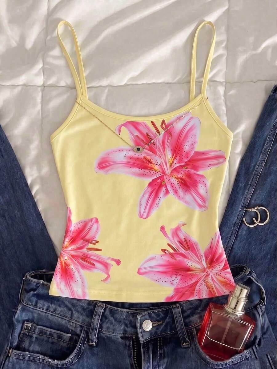 Teen Girls Casual Minimalist Spaghetti Strap Fitted Tank Top Summer Top Flower - Multicolor - View 1