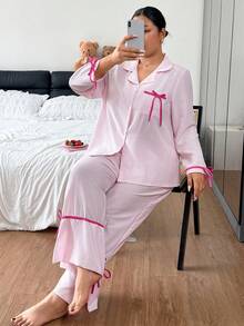Napfluff CURVE Napfluff CURVE Pink Striped Contrast Bow Decor Lapel Plus Size Pajama Set 2pcs - Pink - View 4