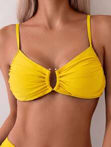 Swim Basics Women Solid Color Spaghetti Strap Bikini Top And Bottom Bikini Set Summer - Yellow - View 7