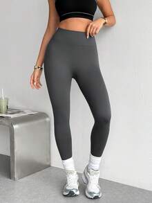 SHEIN Dewbera 女款純色高腰休閒百搭日常旅行運動緊身內搭褲 - 灰色 - 查看 3