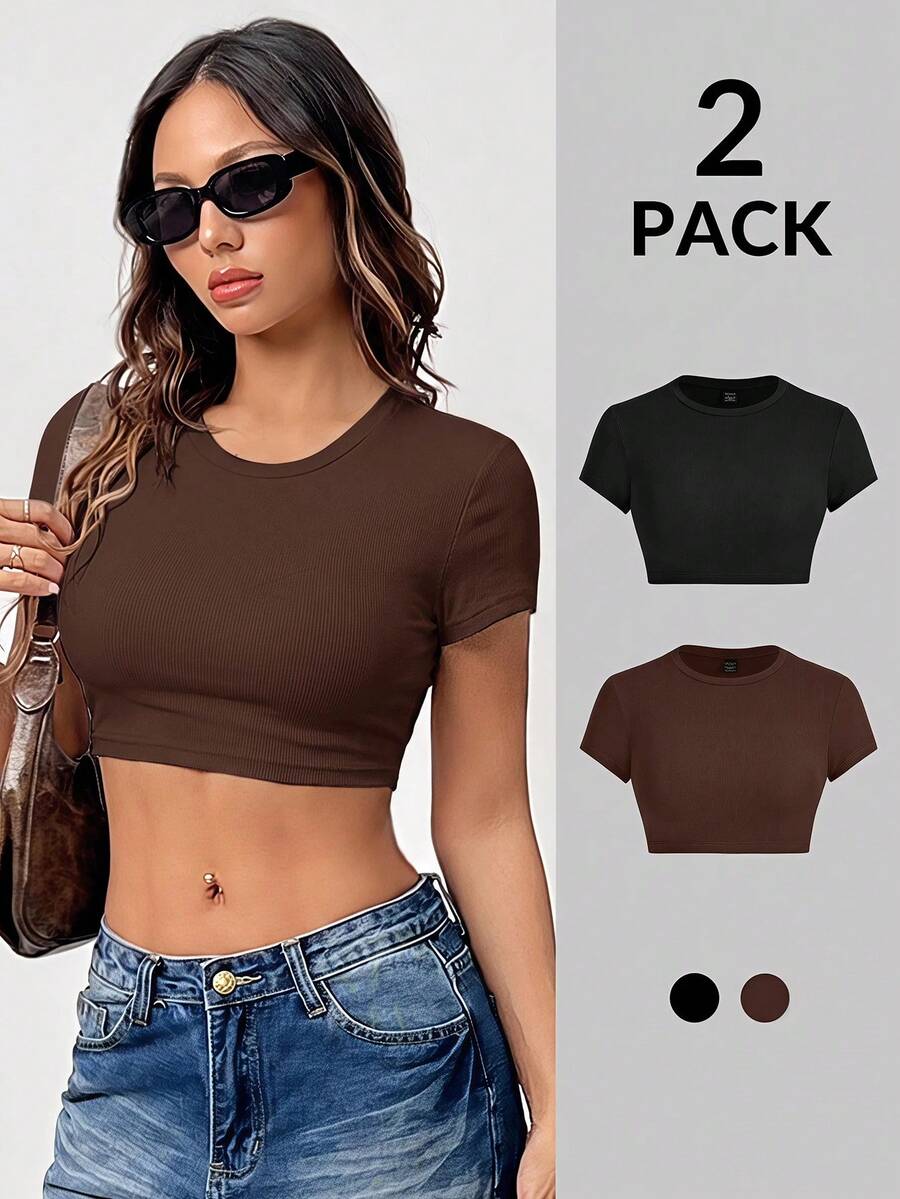 SHEIN PETITE 2件組女款素色修身短袖T恤 - 彩色 - 查看 1