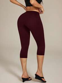 SHEIN PETITE 女款 95% 棉 Caprileggings 七分緊身褲 - 酒紅色 - 查看 2