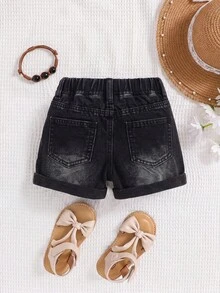 Maija Kids Maija Kids 女童 Y2K 休閒基礎款牛仔短褲，兒童春夏休閒度假鄉村波西米亞風穿搭，沙灘、西部街頭風 - 黑色 - 查看 8