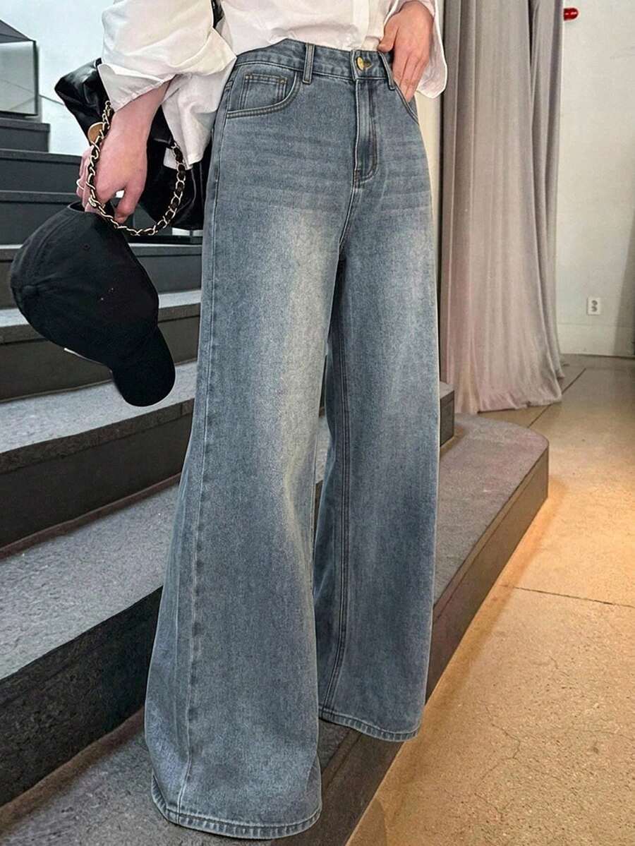 DAZY 女款寬鬆高腰修身直筒牛仔褲，極簡百搭舒適長褲 - 藍色 - 查看 1