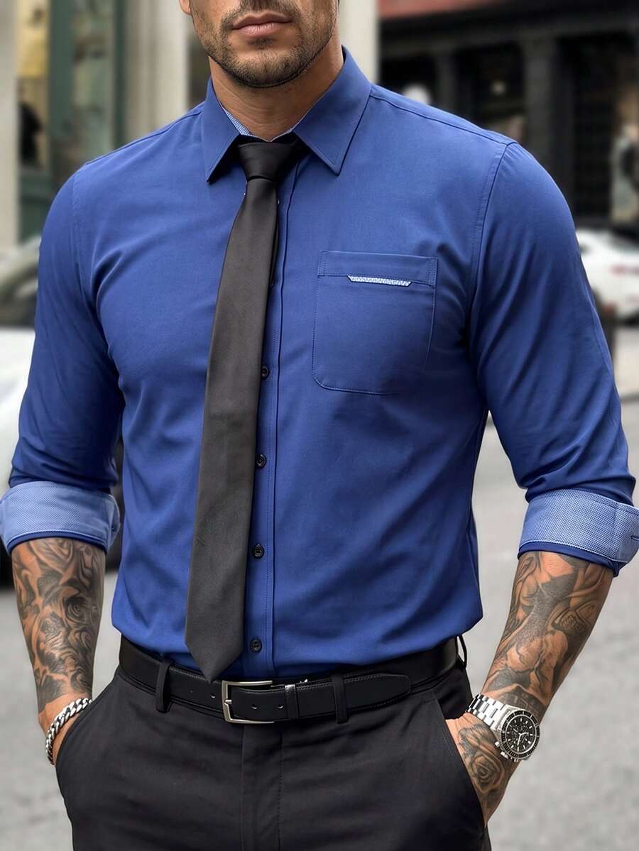 Manfinity Mode Manfinity CasualCool 男士休閒長袖襯衫,適合正式場合與慶祝活動 - 藏蓝色 - 查看 1