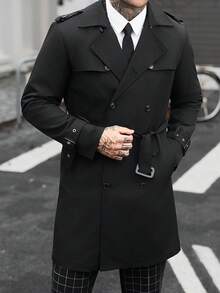 Manfinity CasualCool 男士雙排扣黑色秋季優雅晚宴風衣，簡約缺口領長版大衣，適合送給丈夫或男友的週年紀念禮物 - 黑色 - 查看 4