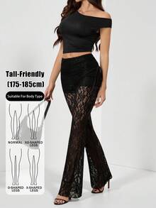 SHEIN Tall 高個女款復古側抽繩街頭時尚修身蕾絲喇叭褲 - 黑色 - 查看 1