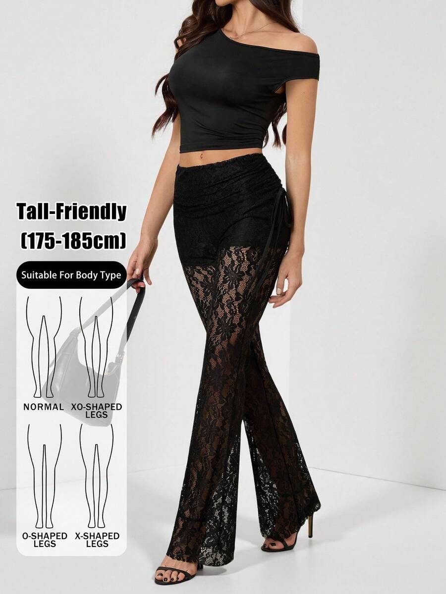 SHEIN Tall 高個女款復古側抽繩街頭時尚修身蕾絲喇叭褲 - 黑色 - 查看 1