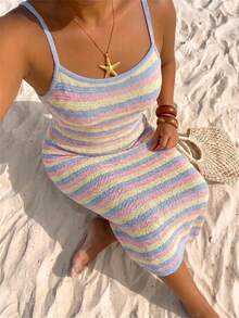 SHEIN LUNE Candy Color Contrast Dopamine American Summer Sexy Sweet & Spicy Slimming Vacation Style Spaghetti Strap Maxi Dress - Multicolor - View 2