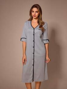 Lazeform Cardigan Bergaris Vertikal Lengan Pendek Leher V Panjang Tekstur Bergaris Lembut Nyaman Pakaian Santai Wanita - Grey - View 4