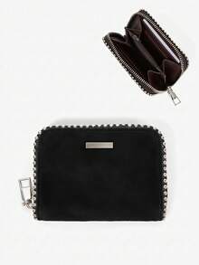 Viva Strut 1 Piece Women's Fashion Personalized Suede Short Wallet, Change Bag, With Ball Piping Design, Portable Wallet - Black - View 1
