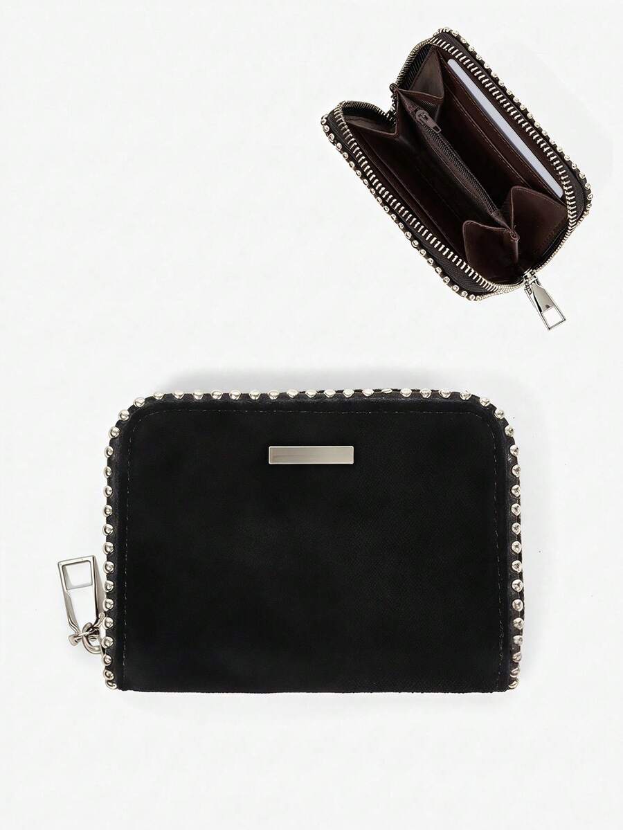Viva Strut 1 Piece Women's Fashion Personalized Suede Short Wallet, Change Bag, With Ball Piping Design, Portable Wallet - Black - View 1