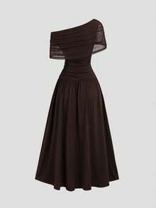 Sweetra Women's Elegant High-End Fashion Brown Mesh & Comfortable Milk Silk Long Asymmetrical Shoulder Dress - Coffee Brown - View 2