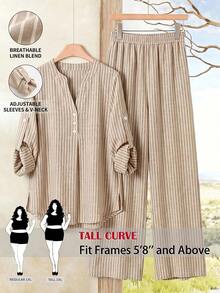 SHEIN Tall CURVE 大尺碼女款條紋捲袖襯衫與寬腿褲休閒兩件套 秋季 - 彩色 - 查看 1