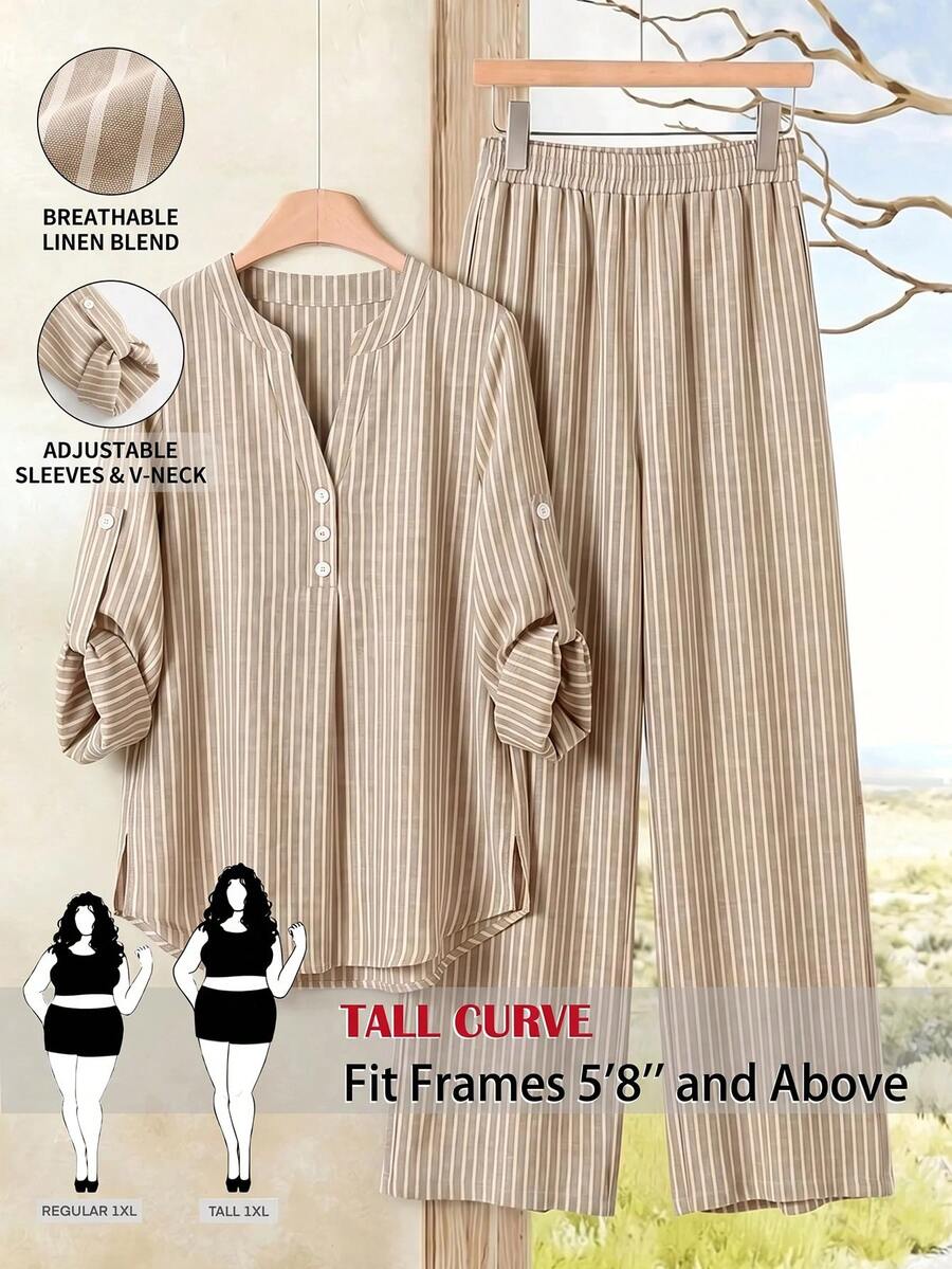 SHEIN Tall CURVE 大尺碼女款條紋捲袖襯衫與寬腿褲休閒兩件套 秋季 - 彩色 - 查看 1
