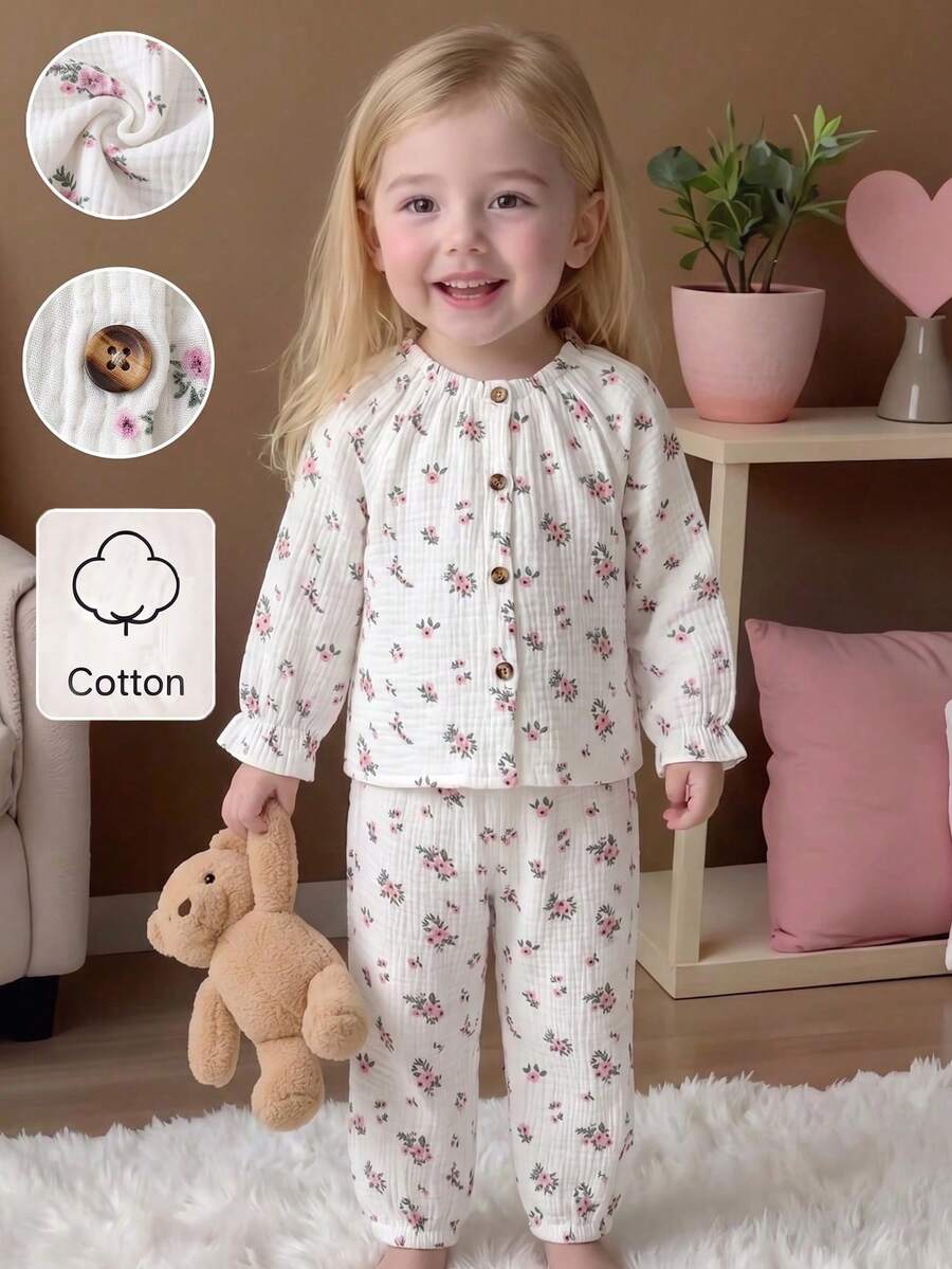 SHEIN 幼童女嬰上衣褲子套裝，可愛熱情粉花卉荷葉邊紗布長袖圓領，生日秋季鈕扣家庭拍照裝