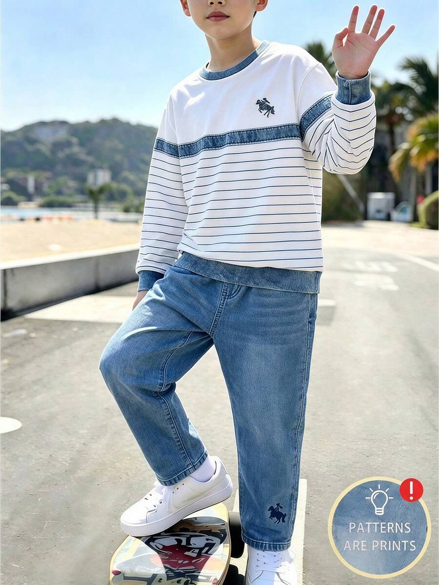 兒童青少年男孩休閒時尚圓領長袖衛衣，適合秋冬穿著