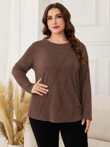 Lacomfia Autumn/Winter Elegant Round Neck Pullover Knit Textured Striped Plus Size Women's Long Sleeve T-Shirt - Brown - View 4