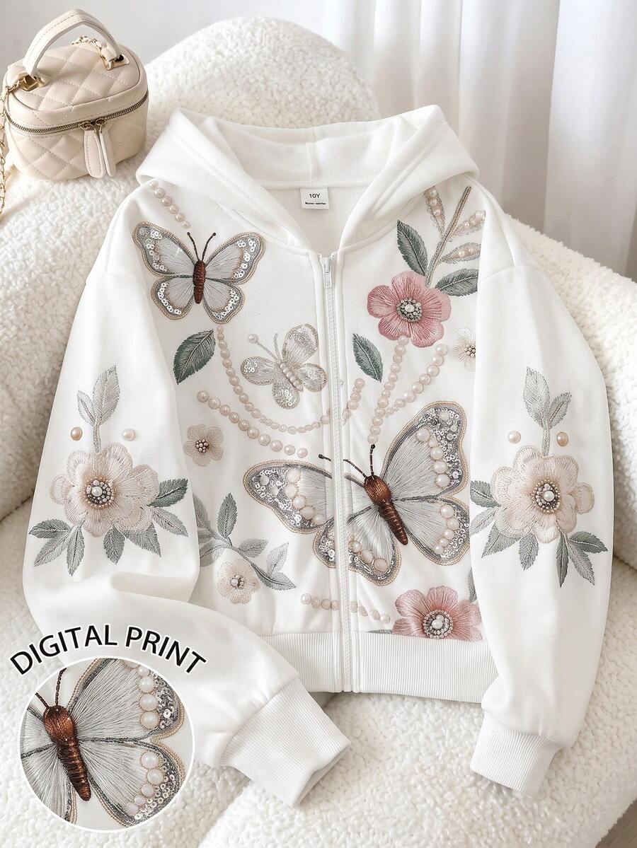 Girls White Floral Print Hoodie Jacket, Casual,Crop, Comfortable,Knit,Jacket,Hoodie, Fall,Loose, Oversized, Long Sleeve, Y2k Zipper Hoodies Jacket - White - View 1