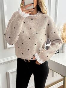SHEIN LUNE Sweater Lengan Panjang Wanita Motif Polkadot Kasual Serbaguna untuk Pemakaian Sehari-hari - MultiWarna - View 6