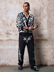 Skyrend Casual Loose V-Neck Long Sleeve Button-Up Cardigan, Zebra Print High Street Style Unisex Top, Suitable For Spring, Autumn And Winter Fall/Autumn/Winter Halloween Grunge - Black - View 3