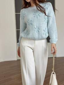 Feyla Women's 3D Floral Decor Casual Cute Romantic Everyday Brunch Long Sleeve Sweater Date Night Blue Floral Autumn - Baby Blue - View 4