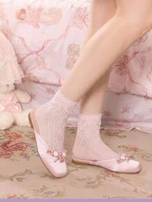 Dola Lovely Damen Rosa Satin Quadratische Zehen Schleife Blume Flache Schuhe, Sanft und Süß Vielseitig Temperament Slouchy Mules Schuhe, Modische Mules - Pink - Übersicht 8
