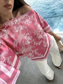 Aloruh 女款春夏度假新款船領方巾上衣，適合度假、約會、海灘、海邊，粉色花卉浪漫優雅 - 粉色 - 查看 3