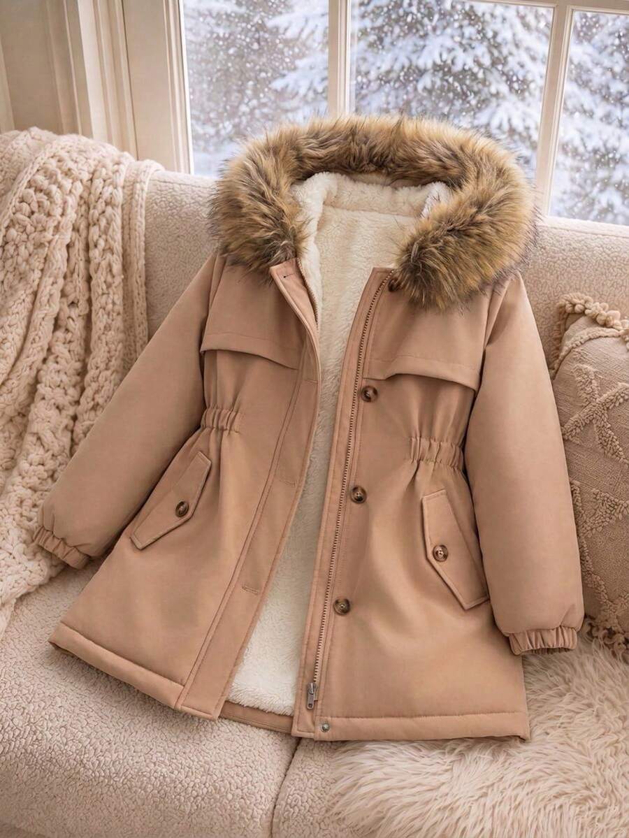 SHEIN Mantel Anak Perempuan Panjang Sedang dengan Pinggang yang Dikencangkan, Berkerudung, Berlapis Termal, Bantalan Tebal, Penutup Kancing, Kerah Bulu Besar, Pas di Badan - Khaki - View 1