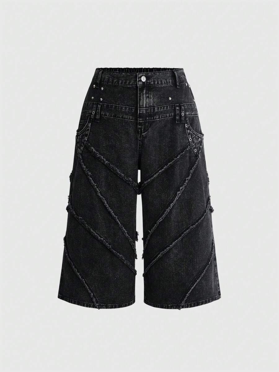 ROMWE Grunge Punk Dark Punk Plus Size Women's Wide Leg Denim 7/8 Pants With Double Waistband Distressed Frayed Design Streetwear - Black - View 1