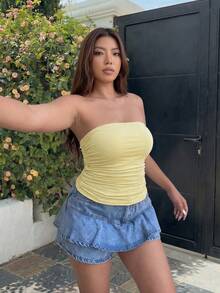 GalTyme Top bandeau de color amarillo pálido con volantes para mujer de talla grande - amarillo ganso - Ver 3