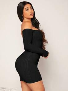 SHEIN SXY Off Shoulder Single Breasted Bodycon Dress - Black - View 3