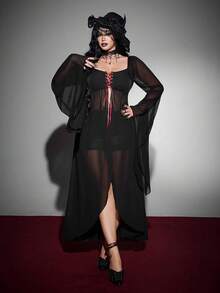Whyspr Kemeja Panjang Gaya Gothic Halloween Seksi Leher V Ukuran Besar dengan Blok Warna dan Tali Tipis - Hitam - View 3