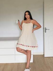 Napfluff CURVE Napfluff CURVE Plus Size Women's 3D Embroidered Floral Camisole Nightgown, Sweet Ruffle Hem Loungewear, Suitable For All Seasons And Can Be Worn Outdoors - Yellow - View 5