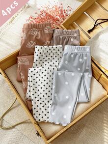 SHEIN Playful Pals 4件組女款少女緊身褲，可愛彩虹波點印花，柔軟舒適，修身剪裁，適合四季穿著，可作為內搭或外穿 - 彩色 - 查看 4