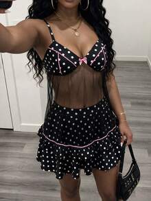 Glyssa Set Atasan Camisole Jala Polkadot Gaya Jalanan Seksi untuk Wanita + Rok Mini Berkerut - Hitam - View 3