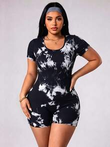 SHEIN Unity Plus Size Women's Tie Dye Short Sleeve Yoga Romper - Black - View 3