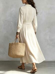 SHEIN Women's Solid Color Waist Knot Casual Party Dress - Apricot - View 6