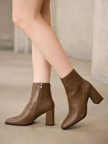 MOTF PREMIUM WOMEN'S FASHION SIMPLE SOLID SIDE ZIP HIGH HEEL ANKLE BOOTS, SPRING SHOES FOR EASTER AND CHRISTMAS - Khaki - View 5