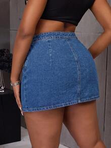 Slaydiva Plus Size Women's Sexy Casual Fashion Decorative Button Denim Mini Skirt Formal Going Out Blue Summer - Medium Wash - View 3