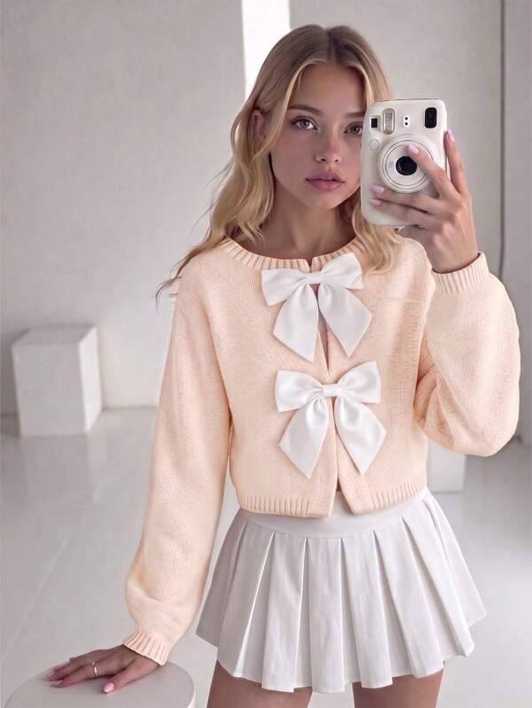 SHEIN Explorewe Tween Girl Fashionable Handmade Bow Knitted Cardigan Sweater Long Sleeve