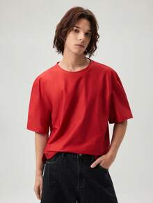 Vaulklash Men's Casual Letter Print Loose Fit Round Neck T-Shirt, Summer - Red - View 5
