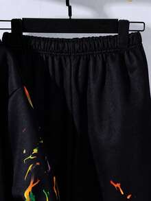 SHEIN 2件組兒童/青少年男孩黑色秋季街頭風連帽衛衣與冬季慢跑褲套裝，開學校園穿搭，舒適印花運動衫與慢跑褲 - 彩色 - 查看 5