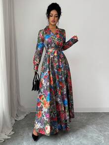 Elenzga Lapel Collar Waist Bow Tie Print Floral Long Sleeve Dress - Multicolor - View 4
