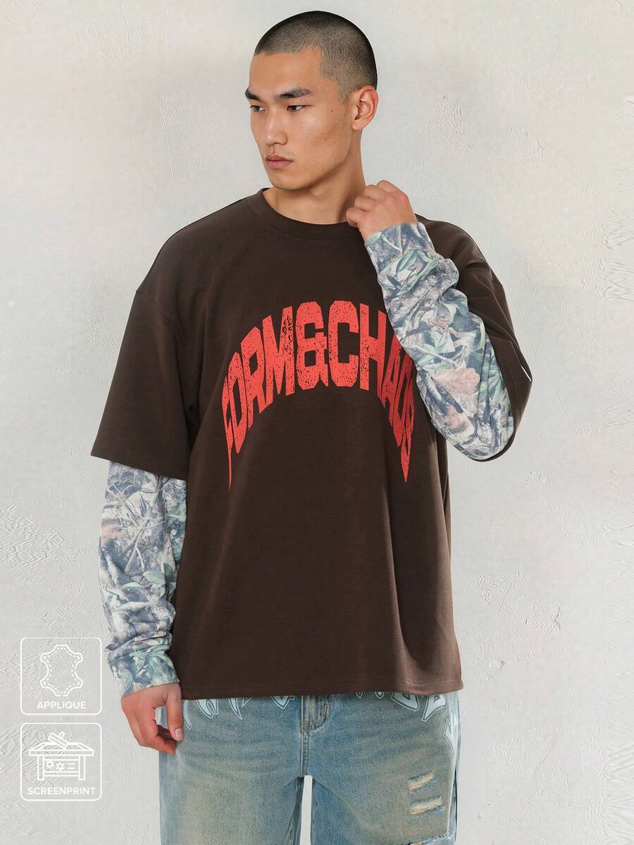 FORM&CHAOS Men's Patchwork Long Sleeve Crew Neck Camouflage Sleeve Vintage Print T-Shirt - Multicolor - View 1